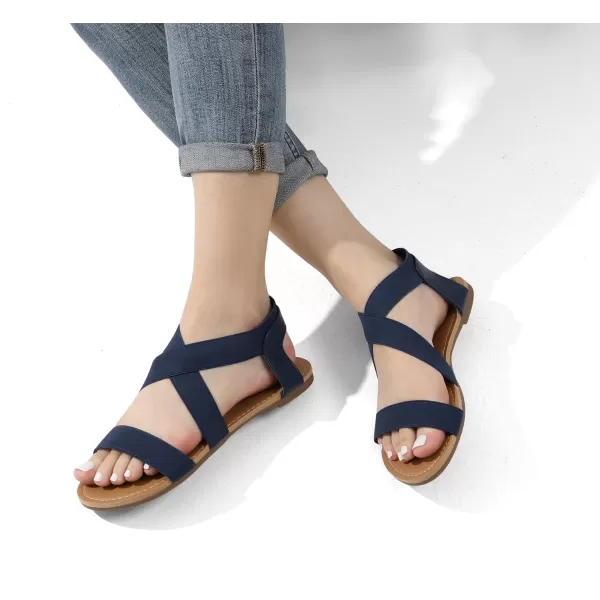 imageDREAM PAIRS Womens Elastic Ankle Strap Flat Sandals Summer Dressy Shoes Cute Strappy Gladiator SandalsNavy