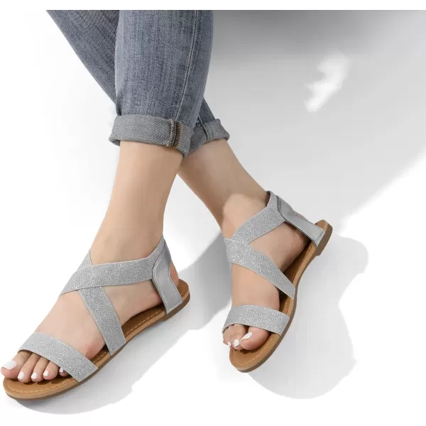 imageDREAM PAIRS Womens Elastic Ankle Strap Flat Sandals Summer Dressy Shoes Cute Strappy Gladiator SandalsSilverPu