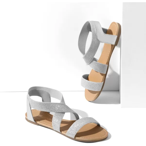 imageDREAM PAIRS Womens Elastic Ankle Strap Flat Sandals Summer Dressy Shoes Cute Strappy Gladiator SandalsSilverPu