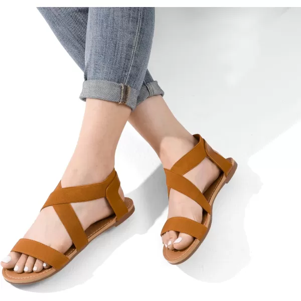 imageDREAM PAIRS Womens Elastic Ankle Strap Flat Sandals Summer Dressy Shoes Cute Strappy Gladiator SandalsTan