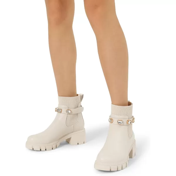 imageDREAM PAIRS Womens Elastic Chelsea Ankle Booties Fashion Lug Sole Platform Chunky Heel Slip on Fall Heeled Short Boots ShoesBeige