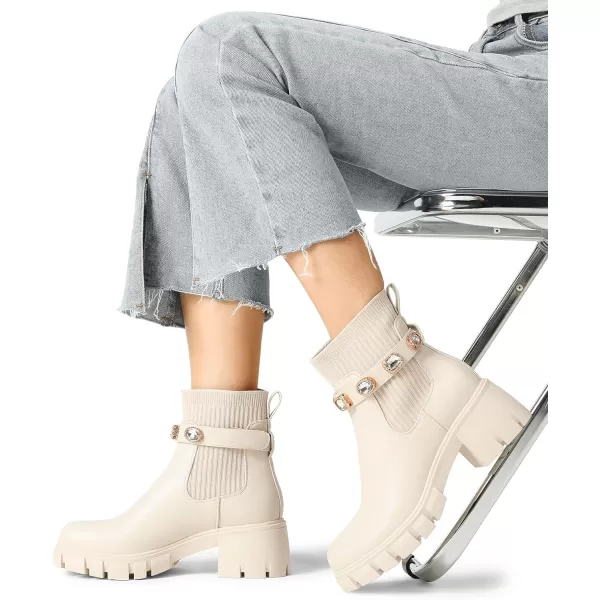 imageDREAM PAIRS Womens Elastic Chelsea Ankle Booties Fashion Lug Sole Platform Chunky Heel Slip on Fall Heeled Short Boots ShoesBeige