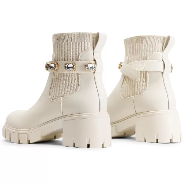 imageDREAM PAIRS Womens Elastic Chelsea Ankle Booties Fashion Lug Sole Platform Chunky Heel Slip on Fall Heeled Short Boots ShoesBeige