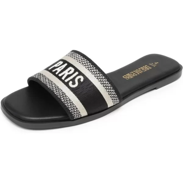 imageDREAM PAIRS Womens Flat Sandals Slip On Slides Sandals Square Open Toe Jacquard Braided Fashion Slides Casual Beach Slippers for SummerAll Black