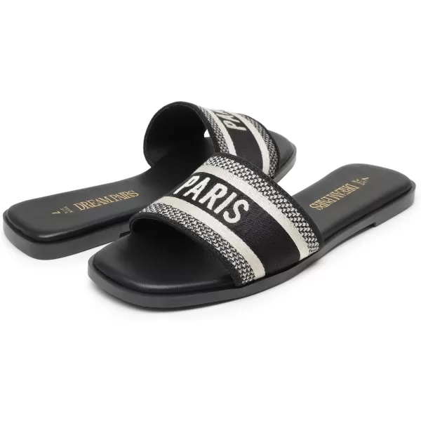 imageDREAM PAIRS Womens Flat Sandals Slip On Slides Sandals Square Open Toe Jacquard Braided Fashion Slides Casual Beach Slippers for SummerAll Black