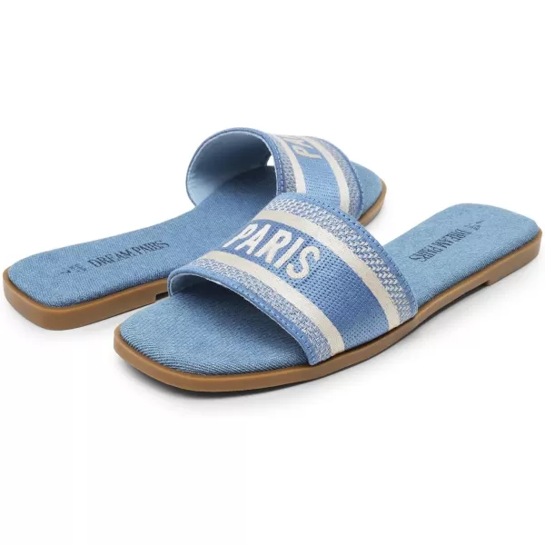 imageDREAM PAIRS Womens Flat Sandals Slip On Slides Sandals Square Open Toe Jacquard Braided Fashion Slides Casual Beach Slippers for SummerDenimcanvas
