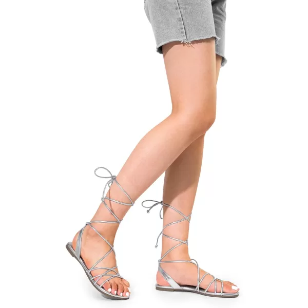 imageDREAM PAIRS Womens Flat Sandals Strappy Comfortable Dressy Summer LaceUp Gladiator SandalsSilver