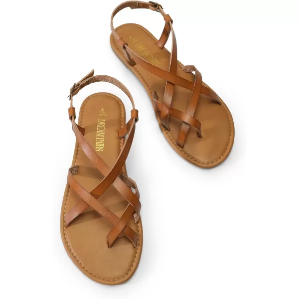 imageDREAM PAIRS Womens Flat Sandals Strappy Dressy Comfortable Ankle Strap Casual Summer Thong Sandals for BeachBrown