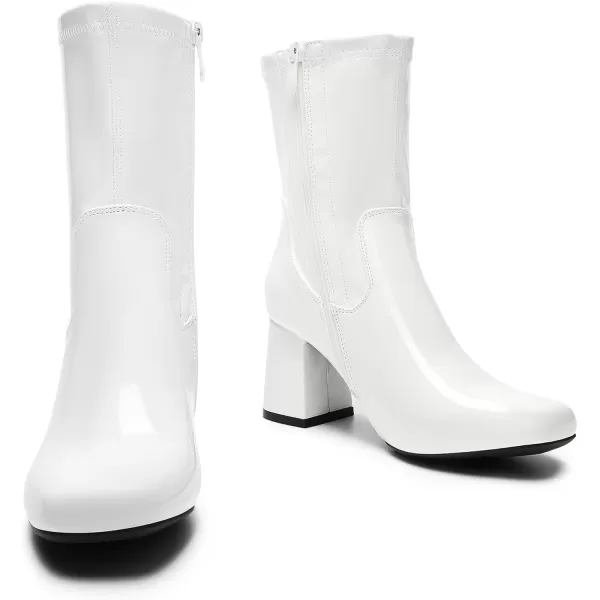 imageDREAM PAIRS Womens Go Go Boots Mid Calf Low Block Heel Boots Zipper Square Toe Ankle Boots For Party Cosplay DanceWhitepat