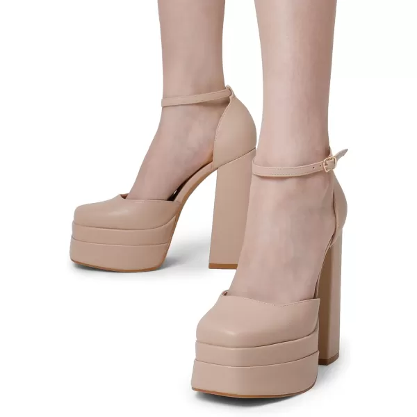 imageDREAM PAIRS Womens High Chunky Platform Closed Toe Block Heels Square Toe Ankle Strap Dress Wedding Party Pumps ShoesNude