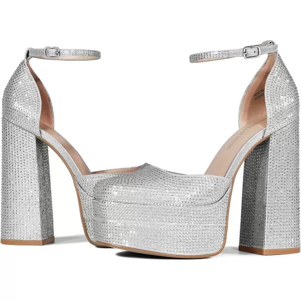 imageDREAM PAIRS Womens High Chunky Platform Closed Toe Block Heels Square Toe Ankle Strap Dress Wedding Party Pumps ShoesSilverrhinestone