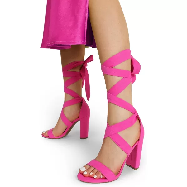 imageDREAM PAIRS Womens High Heels Lace Up Chunky Block Heels Strappy Sexy Open Toe Heels Pumps SandalsHot Pinksuede