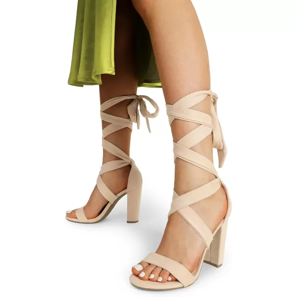 imageDREAM PAIRS Womens High Heels Lace Up Chunky Block Heels Strappy Sexy Open Toe Heels Pumps SandalsNudesuede