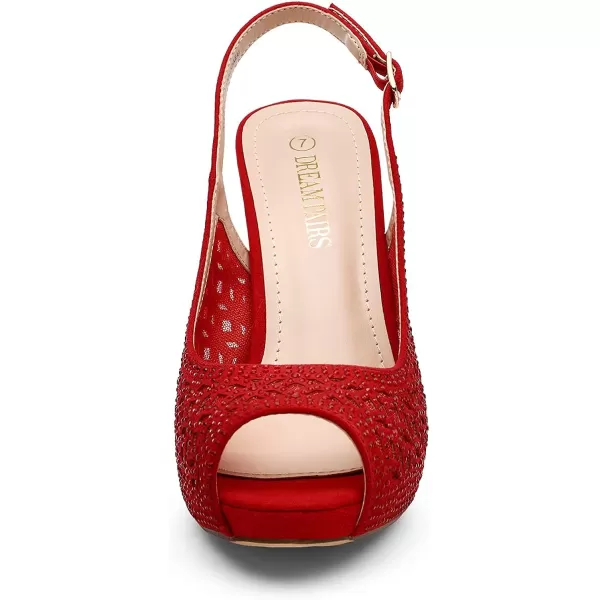 imageDREAM PAIRS Womens High Heels Platform Dress Rhinestones Peep Toe Pumps ShoesRedSuede