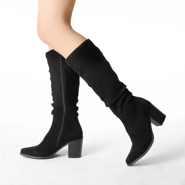 imageDREAM PAIRS Womens KneeHigh Boots Comfortable Chunky Block Heel Pointed Toe Pull On Side Zipper Suede Slouch Riding BootsBlack