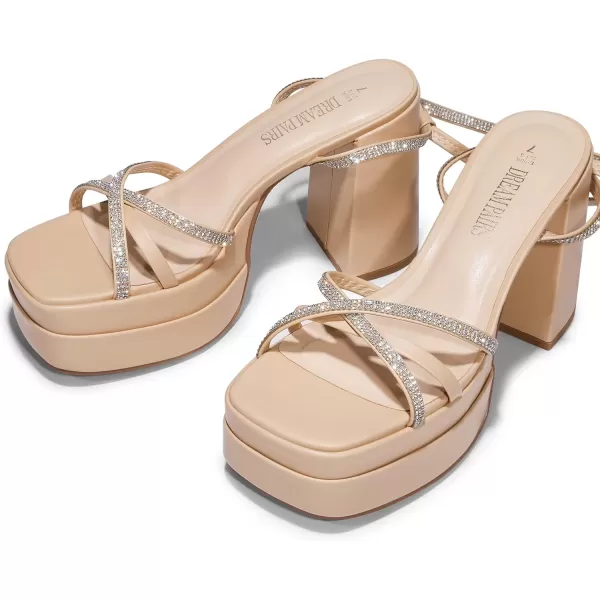 imageDREAM PAIRS Womens Lace Up Platform Heels Rhinestone High Strappy Chunky Sandal Y2K Shoe for Club Party Date PromNude