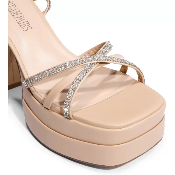 imageDREAM PAIRS Womens Lace Up Platform Heels Rhinestone High Strappy Chunky Sandal Y2K Shoe for Club Party Date PromNude