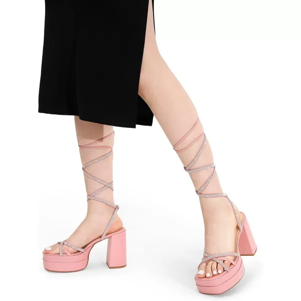 imageDREAM PAIRS Womens Lace Up Platform Heels Rhinestone High Strappy Chunky Sandal Y2K Shoe for Club Party Date PromPink