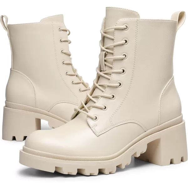 imageDREAM PAIRS Womens Lug Sole Combat Ankle Bootie Lace up Low Chunky Block heels Side Zipper Boots Fashion Causal ShoesBeige