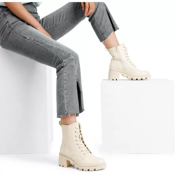 imageDREAM PAIRS Womens Lug Sole Combat Ankle Bootie Lace up Low Chunky Block heels Side Zipper Boots Fashion Causal ShoesBeige