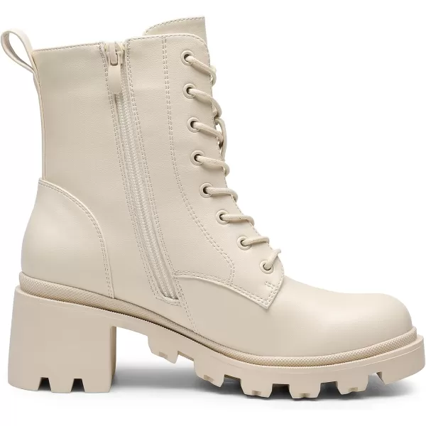 imageDREAM PAIRS Womens Lug Sole Combat Ankle Bootie Lace up Low Chunky Block heels Side Zipper Boots Fashion Causal ShoesBeige