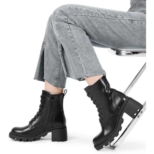 imageDREAM PAIRS Womens Lug Sole Combat Ankle Bootie Lace up Low Chunky Block heels Side Zipper Boots Fashion Causal ShoesBlack