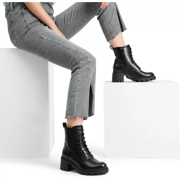 imageDREAM PAIRS Womens Lug Sole Combat Ankle Bootie Lace up Low Chunky Block heels Side Zipper Boots Fashion Causal ShoesBlack