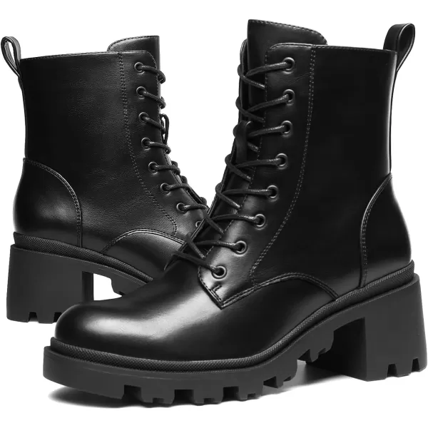imageDREAM PAIRS Womens Lug Sole Combat Ankle Bootie Lace up Low Chunky Block heels Side Zipper Boots Fashion Causal ShoesBlack
