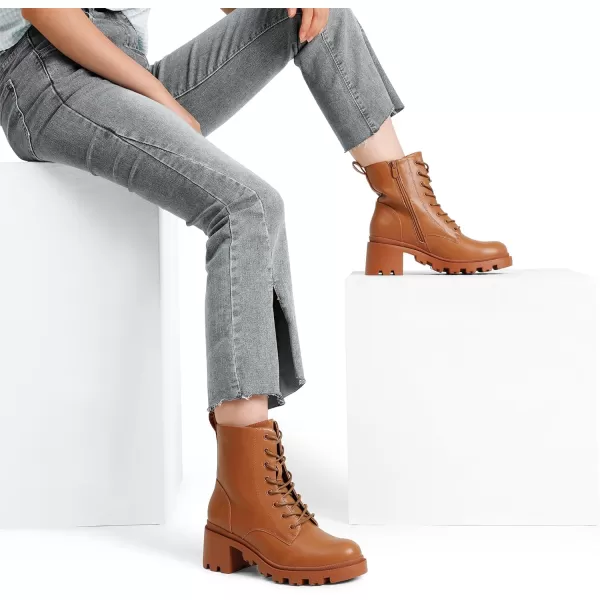 imageDREAM PAIRS Womens Lug Sole Combat Ankle Bootie Lace up Low Chunky Block heels Side Zipper Boots Fashion Causal ShoesBrown