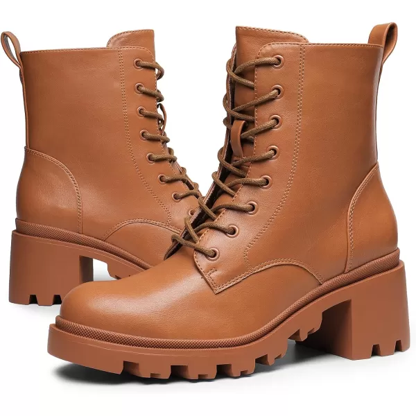 imageDREAM PAIRS Womens Lug Sole Combat Ankle Bootie Lace up Low Chunky Block heels Side Zipper Boots Fashion Causal ShoesBrown