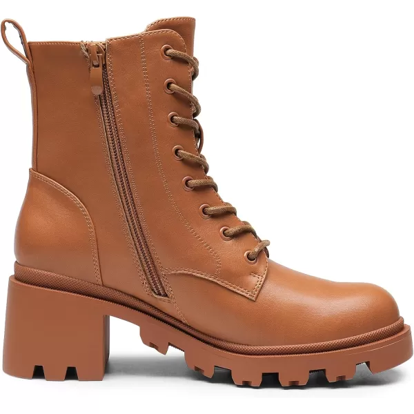 imageDREAM PAIRS Womens Lug Sole Combat Ankle Bootie Lace up Low Chunky Block heels Side Zipper Boots Fashion Causal ShoesBrown