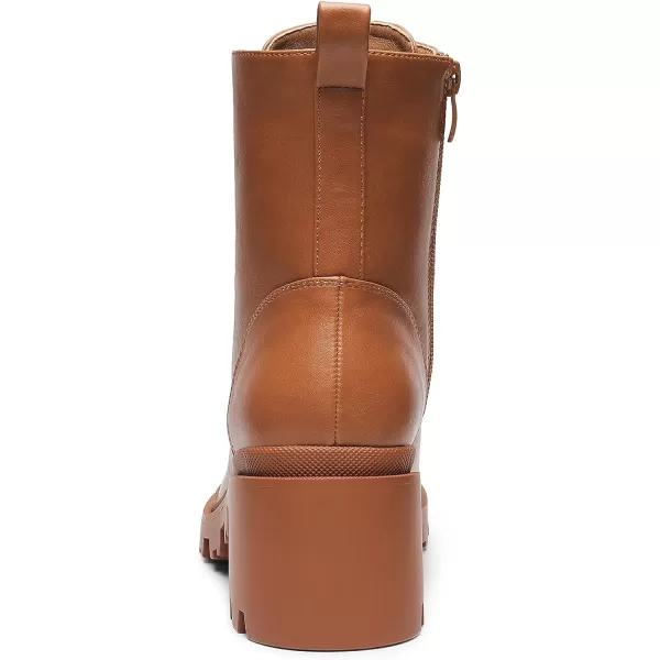 imageDREAM PAIRS Womens Lug Sole Combat Ankle Bootie Lace up Low Chunky Block heels Side Zipper Boots Fashion Causal ShoesBrown