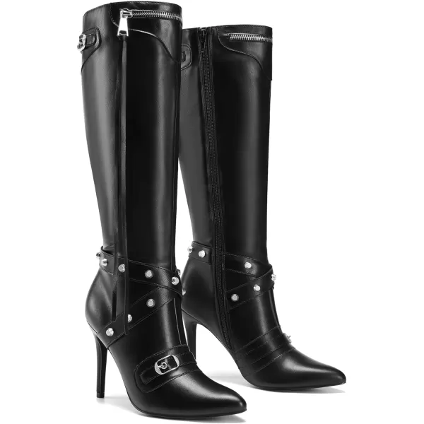 imageDREAM PAIRS Womens Metallic Stiletto Heeled KneeHigh Boots Fashion Thigh High Pointed Toe Dress Boots with Stud and ZipperTasselBlack