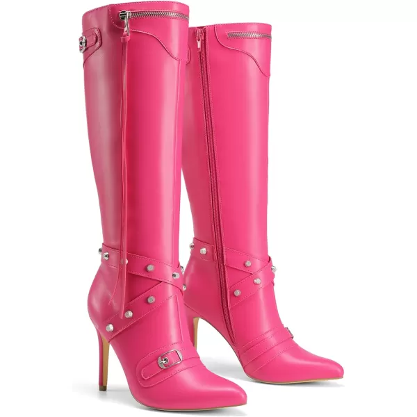 imageDREAM PAIRS Womens Metallic Stiletto Heeled KneeHigh Boots Fashion Thigh High Pointed Toe Dress Boots with Stud and ZipperTasselHot Pink