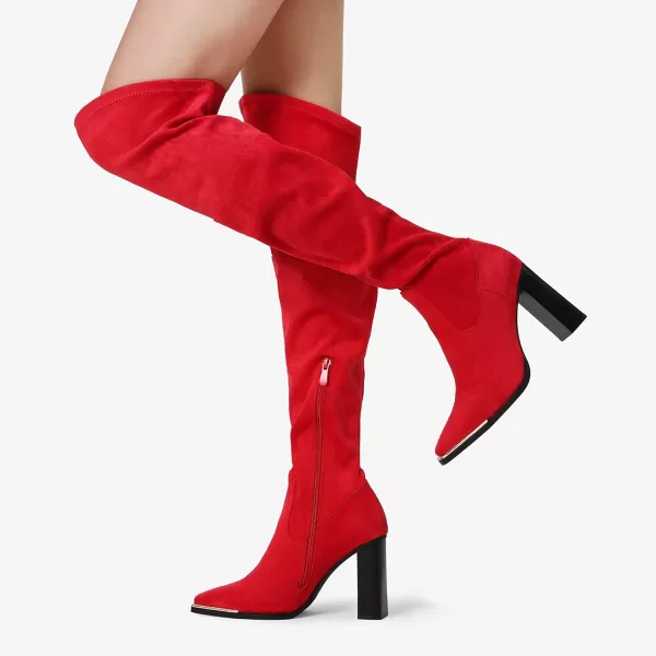 imageDREAM PAIRS Womens Over The Knee Boots Thigh High Square Toe Chunky Block HIgh Heel Long Sexy Fall BootsRed Suede
