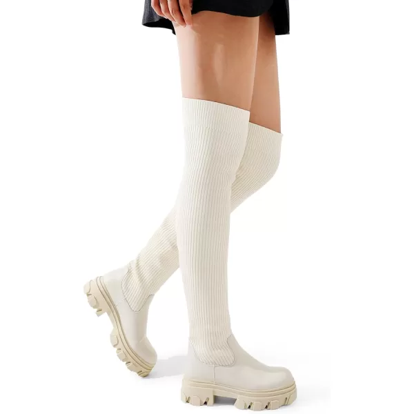 imageDREAM PAIRS Womens Over The Knee Platform Thigh High Boots Long Stretch Soft Chunky Lug Sole Fall BootsBeigeknit