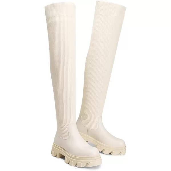 imageDREAM PAIRS Womens Over The Knee Platform Thigh High Boots Long Stretch Soft Chunky Lug Sole Fall BootsBeigeknit