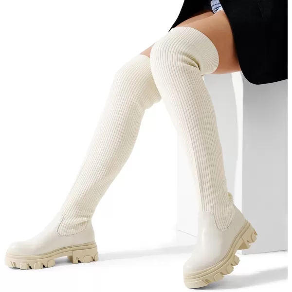 imageDREAM PAIRS Womens Over The Knee Platform Thigh High Boots Long Stretch Soft Chunky Lug Sole Fall BootsBeigeknit