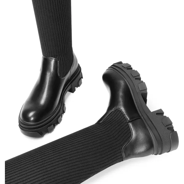 imageDREAM PAIRS Womens Over The Knee Platform Thigh High Boots Long Stretch Soft Chunky Lug Sole Fall BootsBlackknit