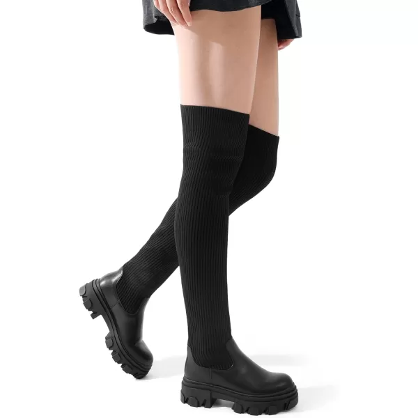 imageDREAM PAIRS Womens Over The Knee Platform Thigh High Boots Long Stretch Soft Chunky Lug Sole Fall BootsBlackknit