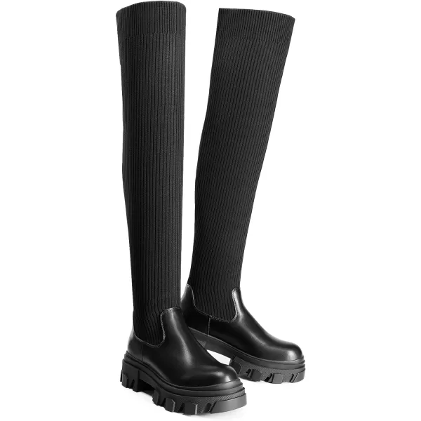 imageDREAM PAIRS Womens Over The Knee Platform Thigh High Boots Long Stretch Soft Chunky Lug Sole Fall BootsBlackknit
