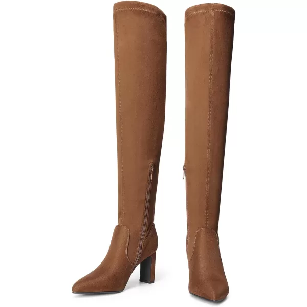 imageDREAM PAIRS Womens Over The Knee Stretch Thigh High Boots Chunky High Heels Pointed Toe Long Fall BootsBrownsuede
