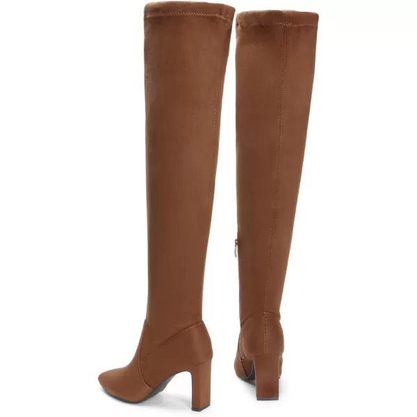 imageDREAM PAIRS Womens Over The Knee Stretch Thigh High Boots Chunky High Heels Pointed Toe Long Fall BootsBrownsuede