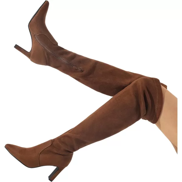 imageDREAM PAIRS Womens Over The Knee Stretch Thigh High Boots Chunky High Heels Pointed Toe Long Fall BootsBrownsuede