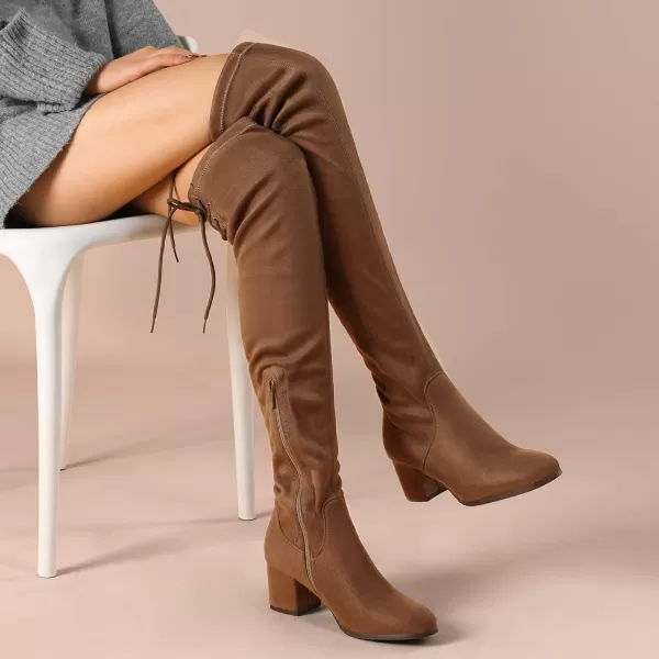 imageDREAM PAIRS Womens Over The Knee Thigh High Chunky Heel Boots Long Stretch Sexy Fall BootsBrownSuede