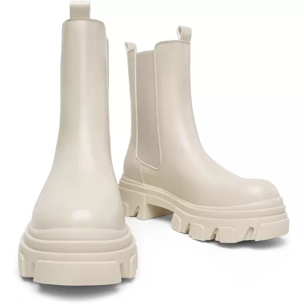 imageDREAM PAIRS Womens Platform Chelsea Boots Lug Sole Combat Mid Calf Slip On Chunky Ankle BootiesBeigeWhitePu