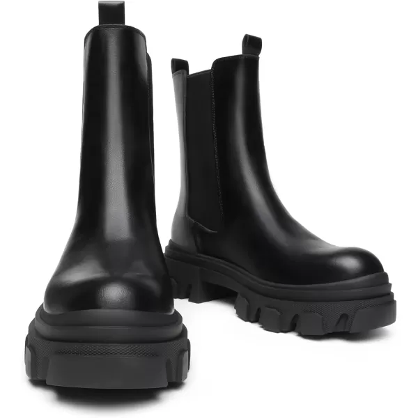 imageDREAM PAIRS Womens Platform Chelsea Boots Lug Sole Combat Mid Calf Slip On Chunky Ankle BootiesBlackPu