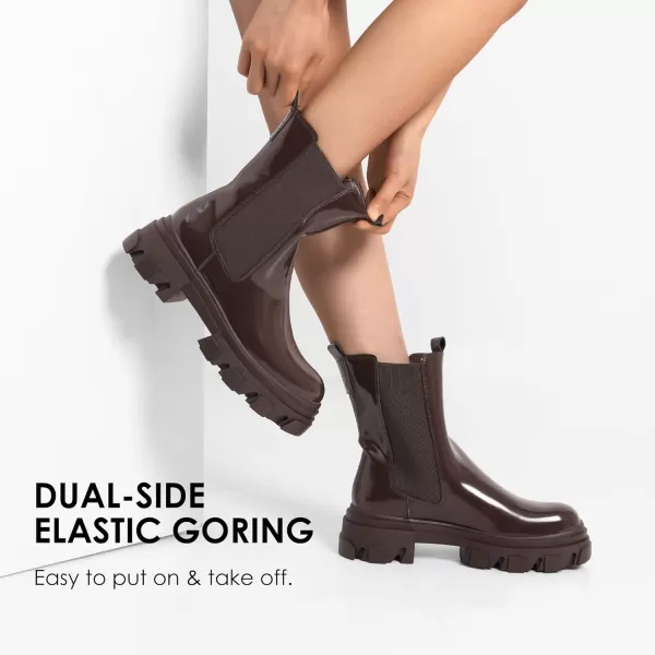 imageDREAM PAIRS Womens Platform Chelsea Boots Lug Sole Combat Mid Calf Slip On Chunky Ankle BootiesBrown