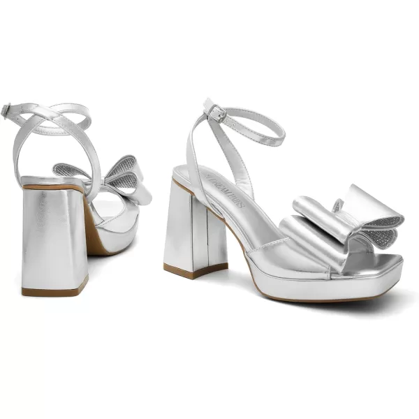 imageDREAM PAIRS Womens Platform Chunky Heels Fashion Bowknots High Block Square Toe Dress Sandals for Wedding Bridal PartySilverpu