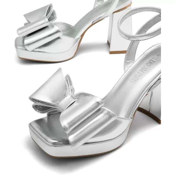 imageDREAM PAIRS Womens Platform Chunky Heels Fashion Bowknots High Block Square Toe Dress Sandals for Wedding Bridal PartySilverpu